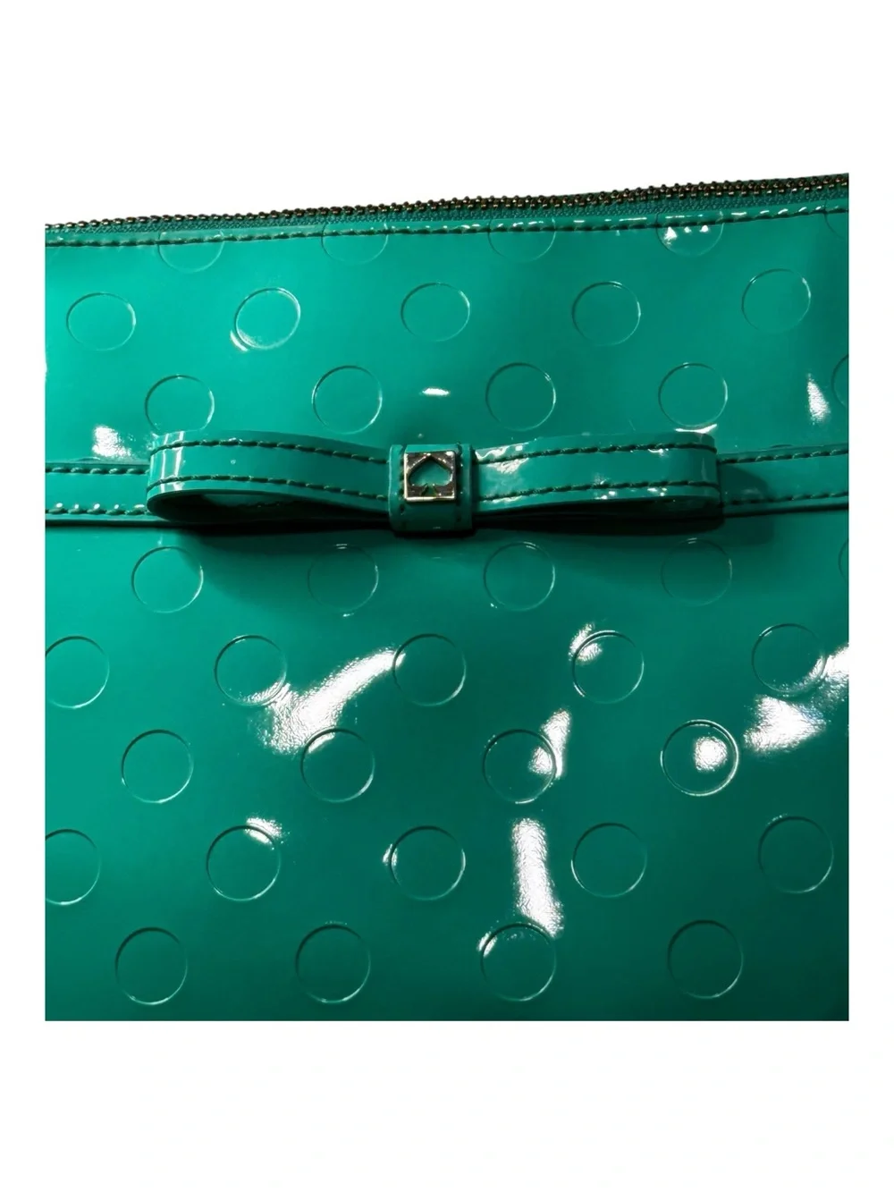 Kate Spade Teal Camellia Street Polka Dot Patent Leather Bow Accent Zip Tote Bag